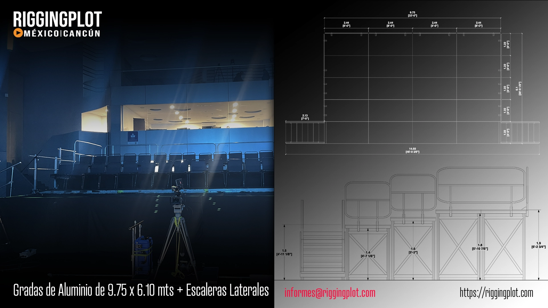 ficha técnica grada de aluminio de 4 niveles de 17.07 metros de frente x 4.88 metros de profundidad x 1.60 metros de altura